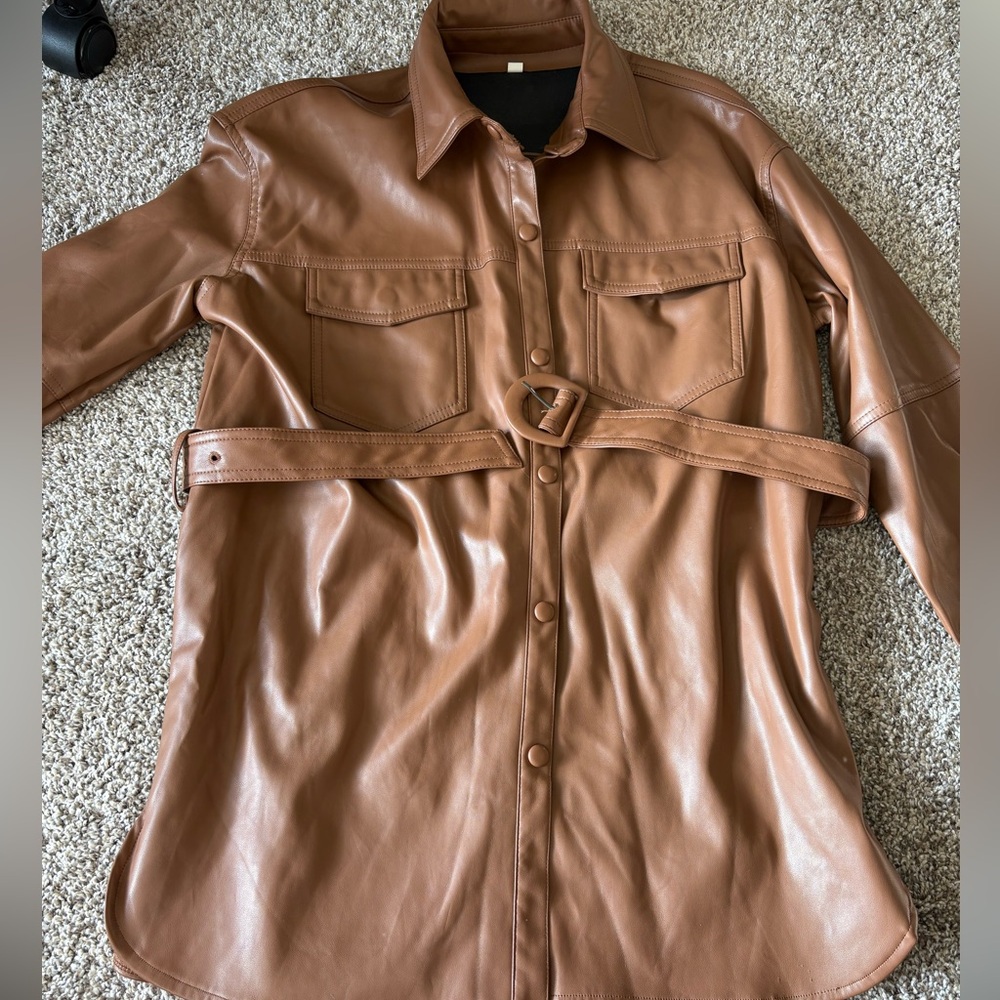 Women's brown Leather Belted Jacket